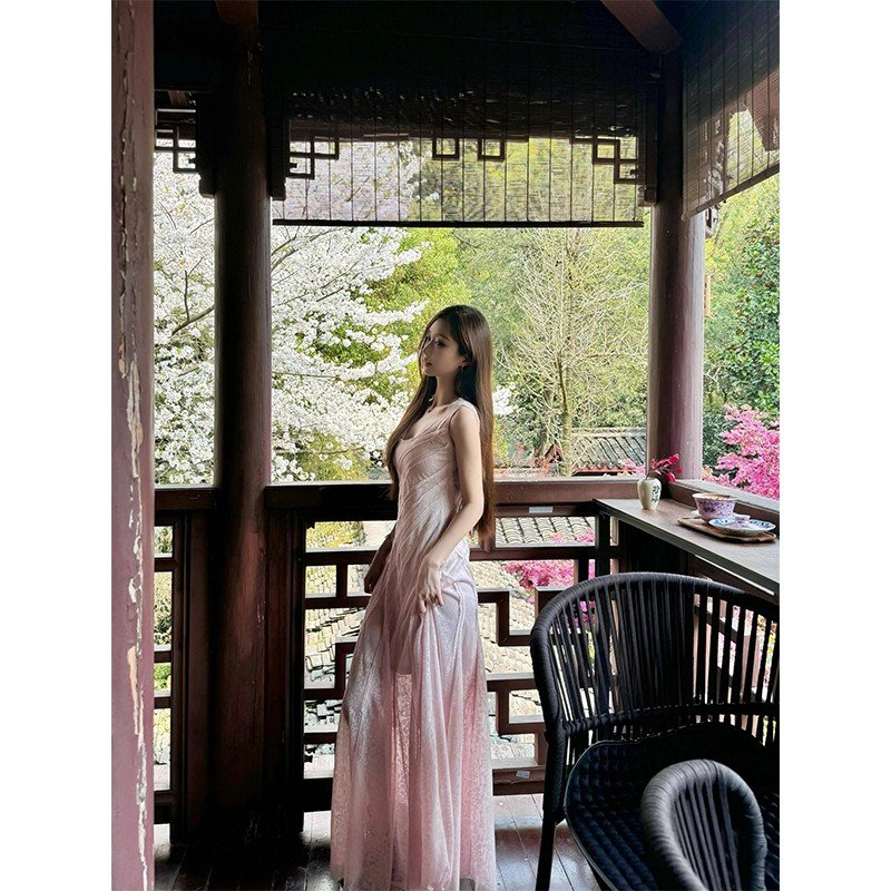 Vapetix S-XL Pink U-neck Sleeveless Vest Dress Women's Summer Slim-Fit Waist-Controlled Lace Skirt Design Sensua – Bild 2