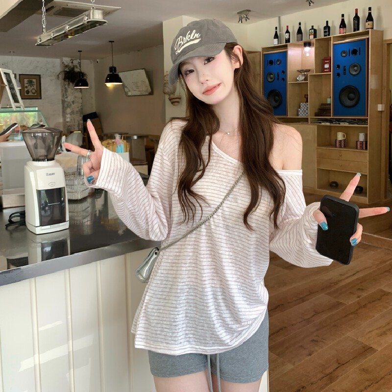 Vapetix S-XL Actual shot~ Gentle lazy off-shoulder striped long-sleeved T-shirt for women, summer loose off-shou – Bild 4