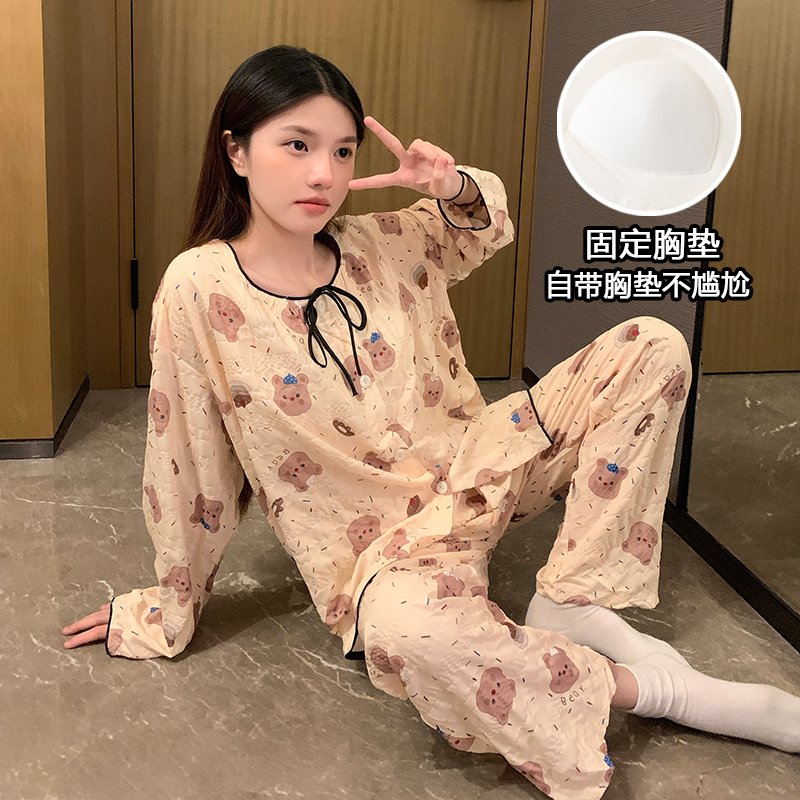 Vapetix M-XXL Women's new autumn sleepwear set with embroidered clouds, cotton crew neck short-sleeve open sweate – Bild 2