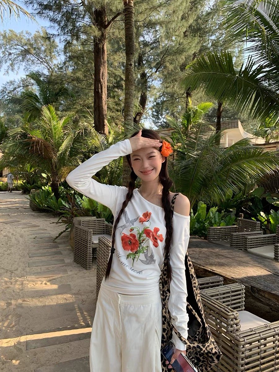 Vapetix M-2XL 【220g 92% cotton 8% spandex】 Off-shoulder American retro chic long-sleeved T-shirt for women, early - 图片 4