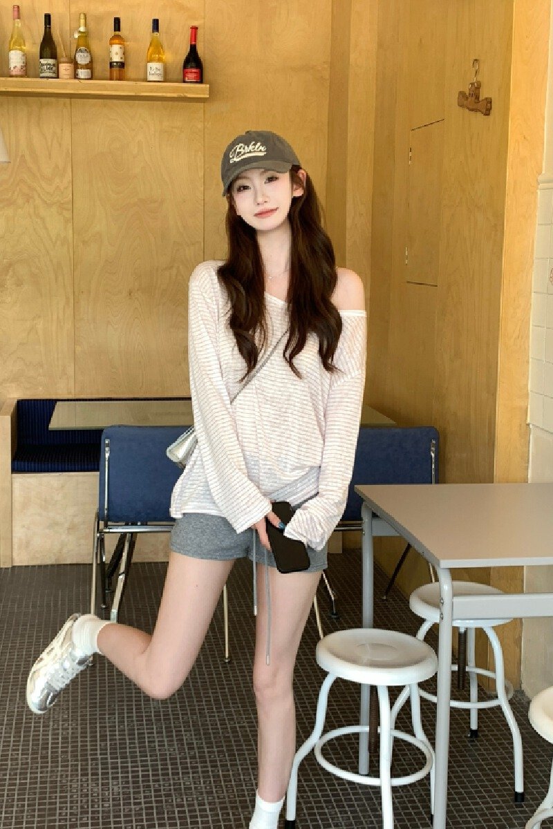 Vapetix S-XL Actual shot~ Gentle lazy off-shoulder striped long-sleeved T-shirt for women, summer loose off-shou – Bild 5