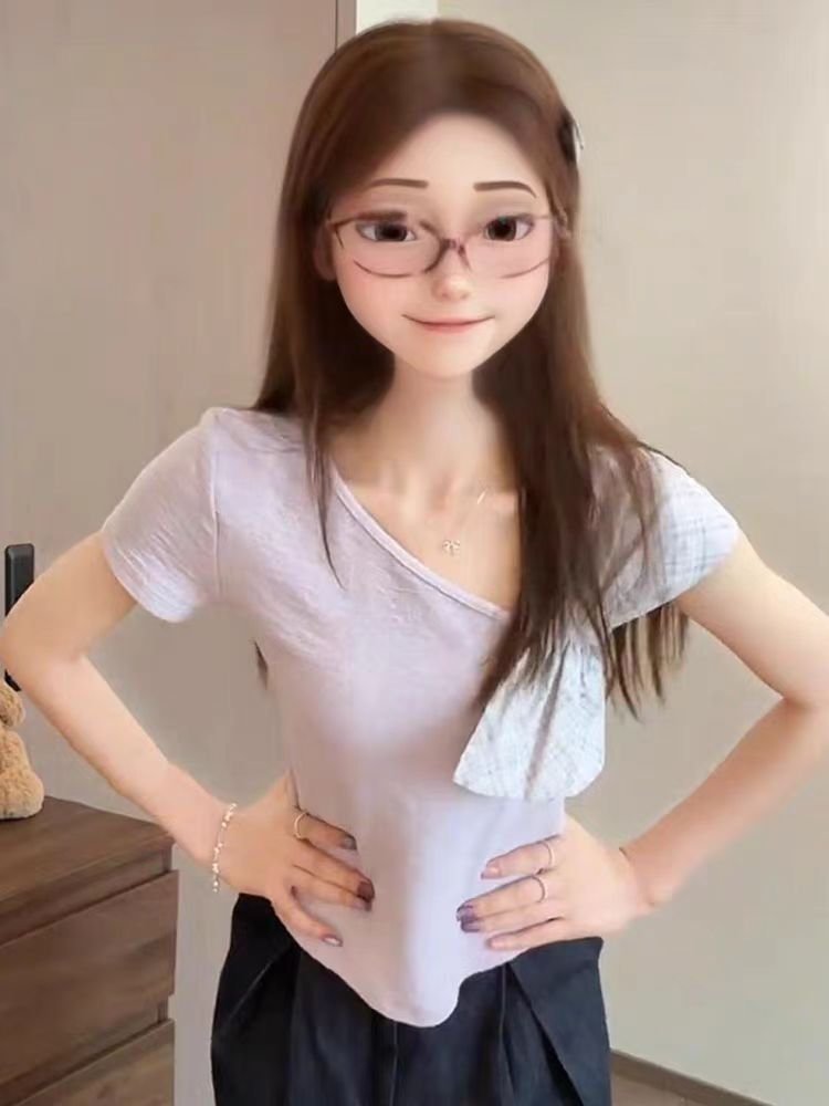 Vapetix S-XL Original Wrinkled Cotton Fabric Butterfly Bow Strapped Short-Sleeve Top for Women Short Length Figu