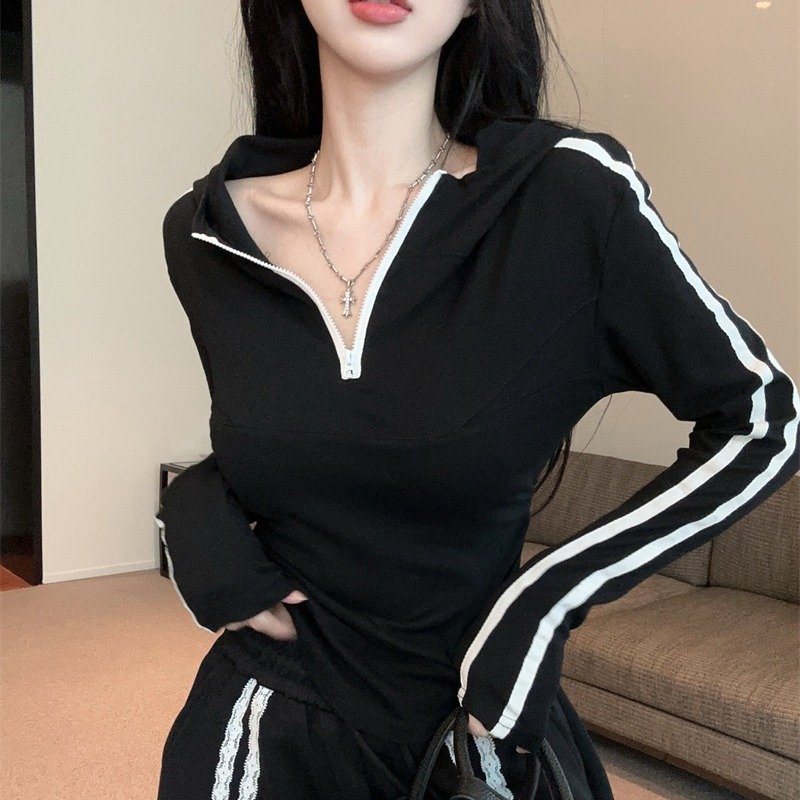 Vapetix Free Size-Free Size Photographed~ 2025 Autumn New Hot Girl Design Sensory Hooded Long Sleeve T-Shirt Women Slim Fit Zip – Bild 5