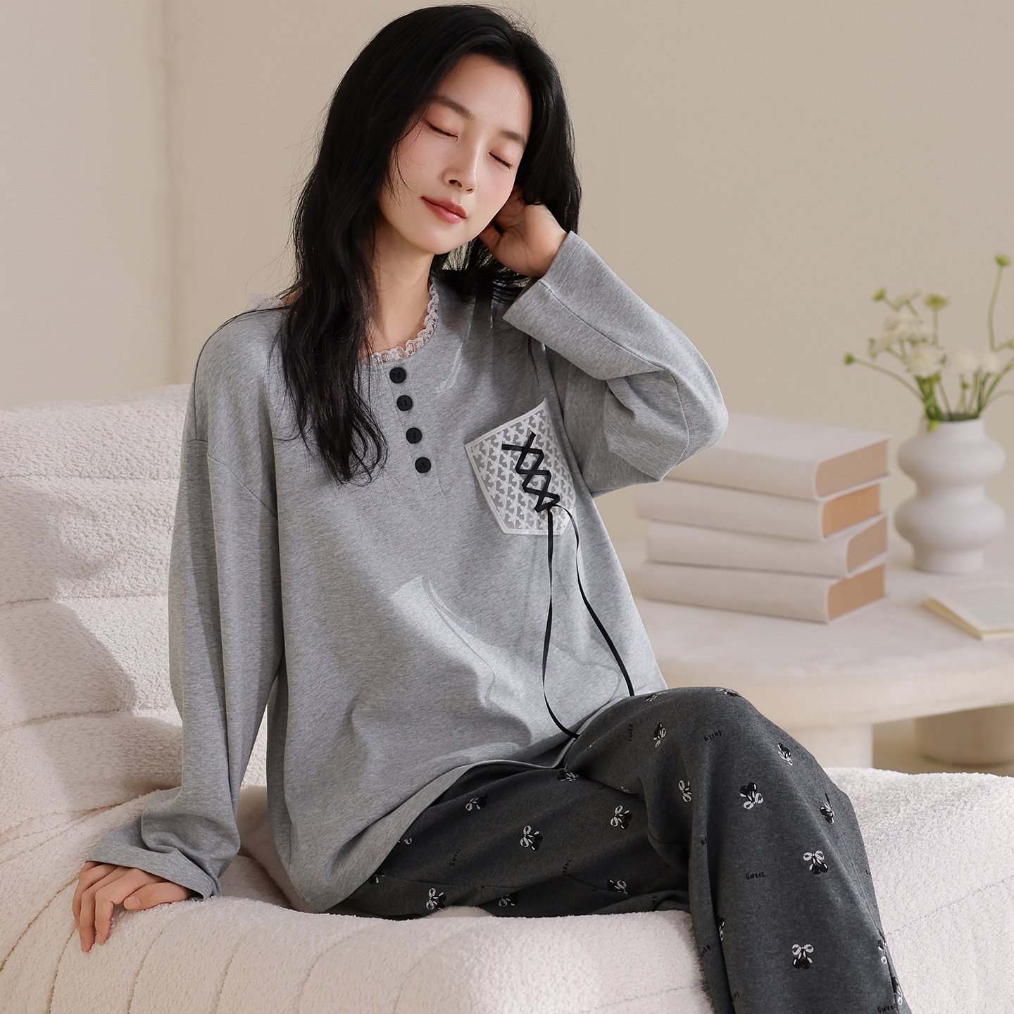 Vapetix M-XXL Women's Set of 2025 Autumn Pure Cotton Crew Neck Long Sleeve Pants Pajamas - Casual, Comfortable, S – Bild 2