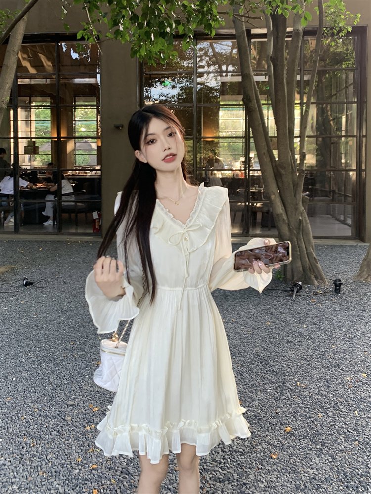 Vapetix S-2XL Gentle Breeze V-Neck Belted Long-Sleeve Dress for Women - Summer New Arrival French Chic Slimming M – Bild 2