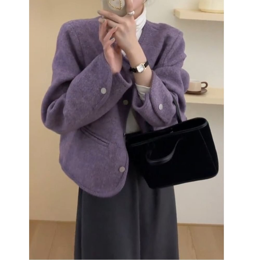 Vapetix S-2XL Women's 2025 Autumn/Winter Purple Wool Coat with a Chic and Sophisticated Little Black Dress Style, – Bild 4