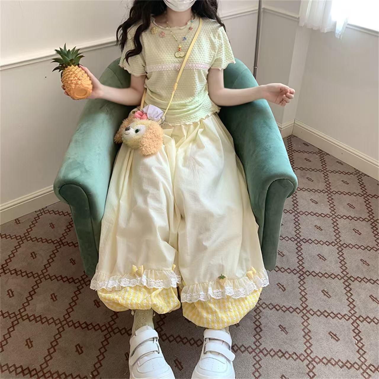 Vapetix S-4XL Strawberry plaid patchwork lantern pants with light green top set, summer loose-fitting sweet and c – Bild 2