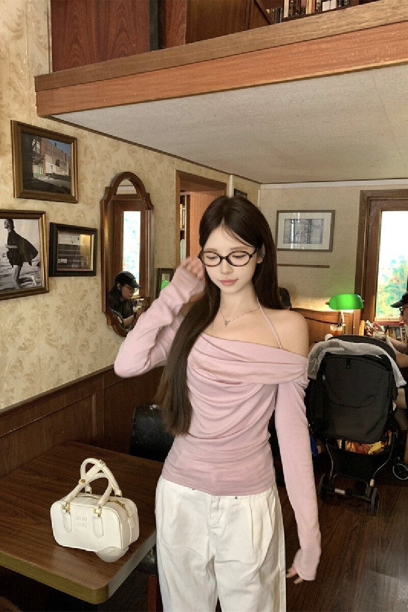 Vapetix S-XL Photographed Autumn Korean Pure Desire Swing Collar One-Shoulder Bodycon Neckline Pleated Long-Slee – Bild 6