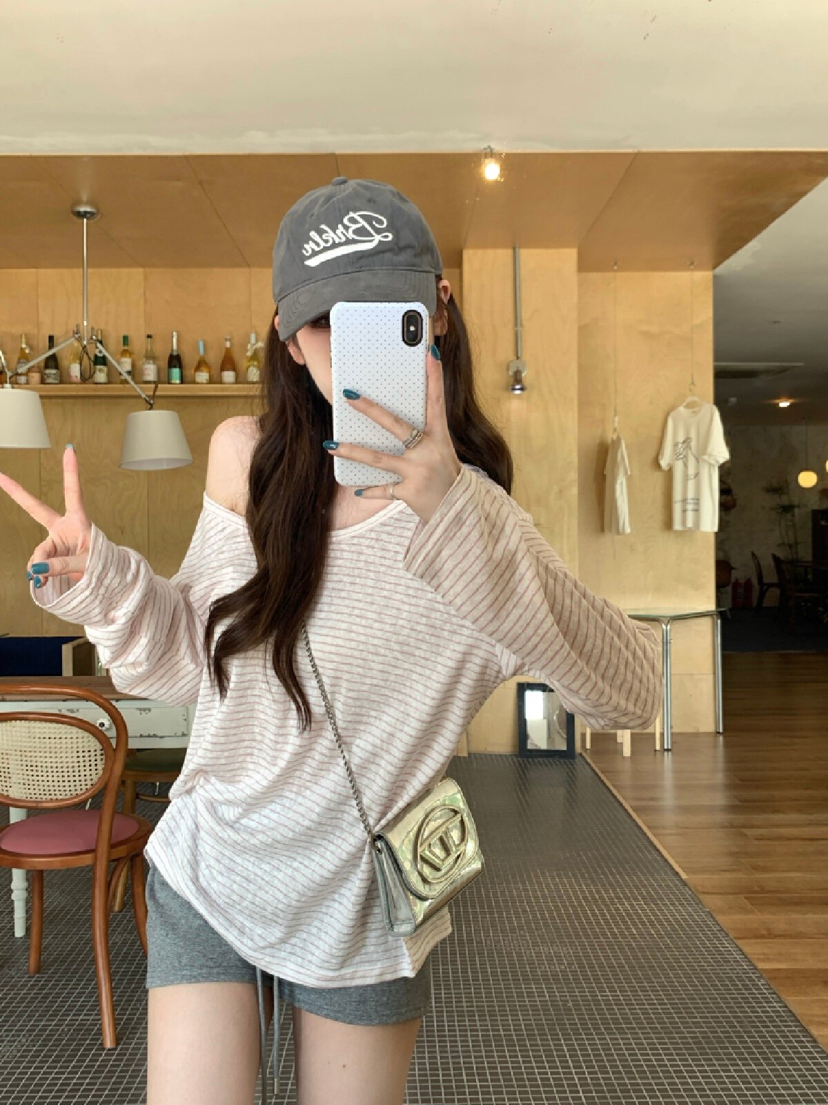 Vapetix S-XL Actual shot~ Gentle lazy off-shoulder striped long-sleeved T-shirt for women, summer loose off-shou – Bild 6