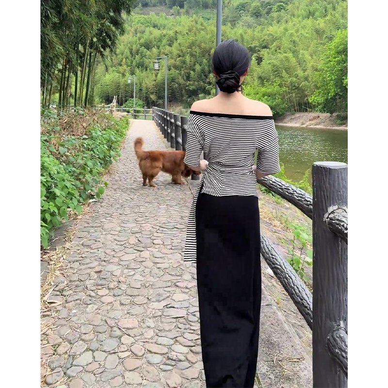 Vapetix S-XL MR【Original Color-Woven Stripes】French Asymmetrical Shoulder Striped Short-Sleeve T-Shirt for Women - 图片 4