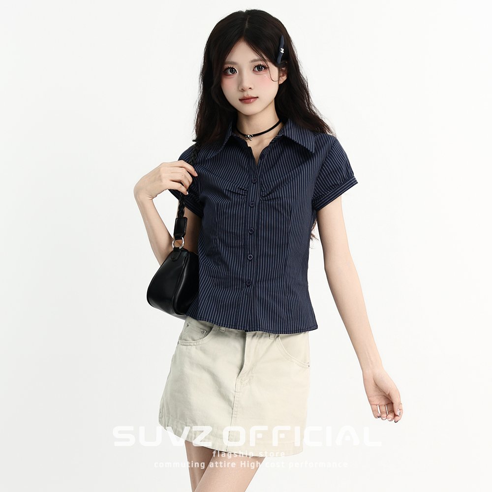 Vapetix S-XL MR【Original Fabric】Korean College Style Pleated Striped Polo Neck Short Sleeve Women's Summer Fitte – Bild 2