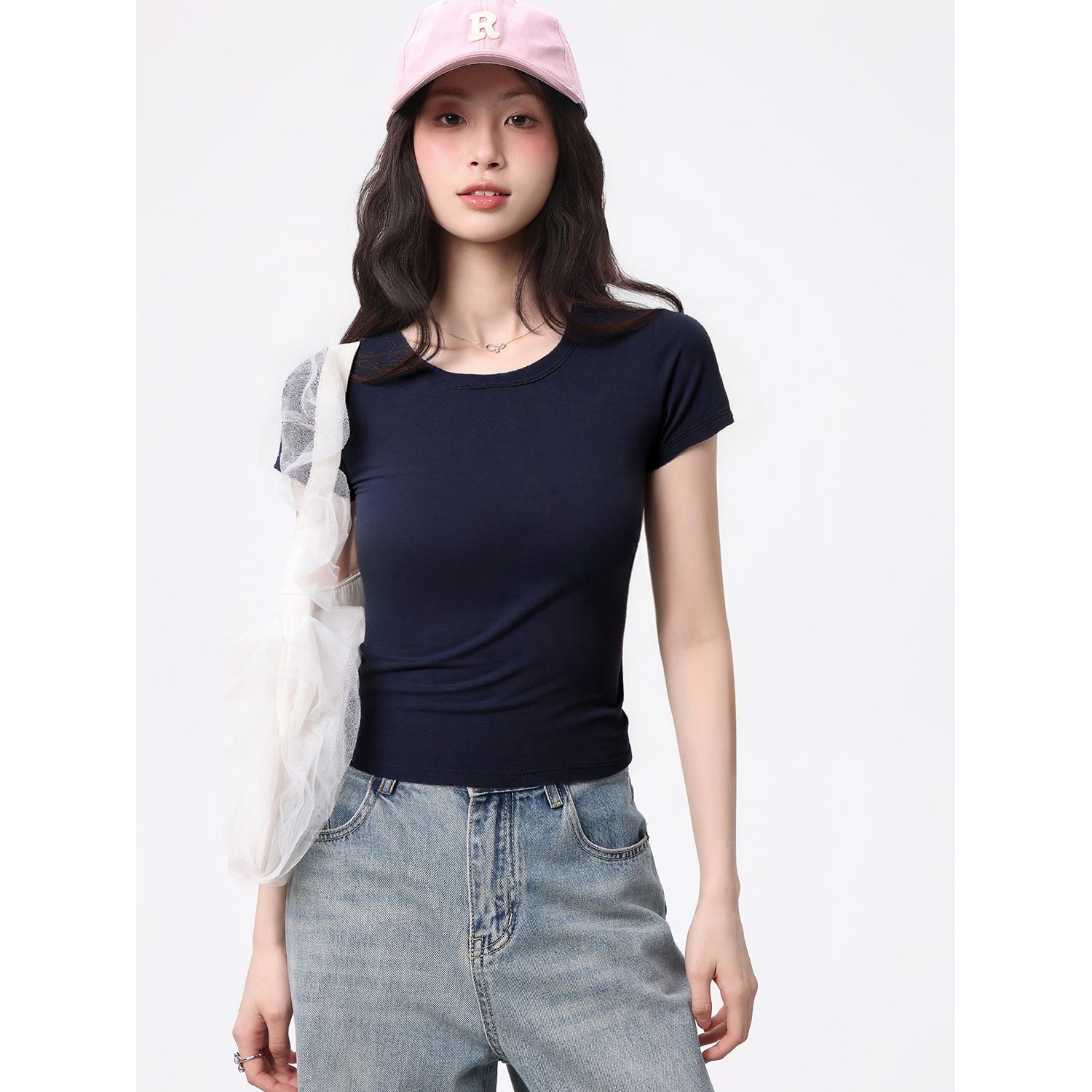 Vapetix S-XL Women's Summer Design Fitted Crew Neck Short Sleeve T-shirt with Invisible Back Split and Slimming - 图片 2