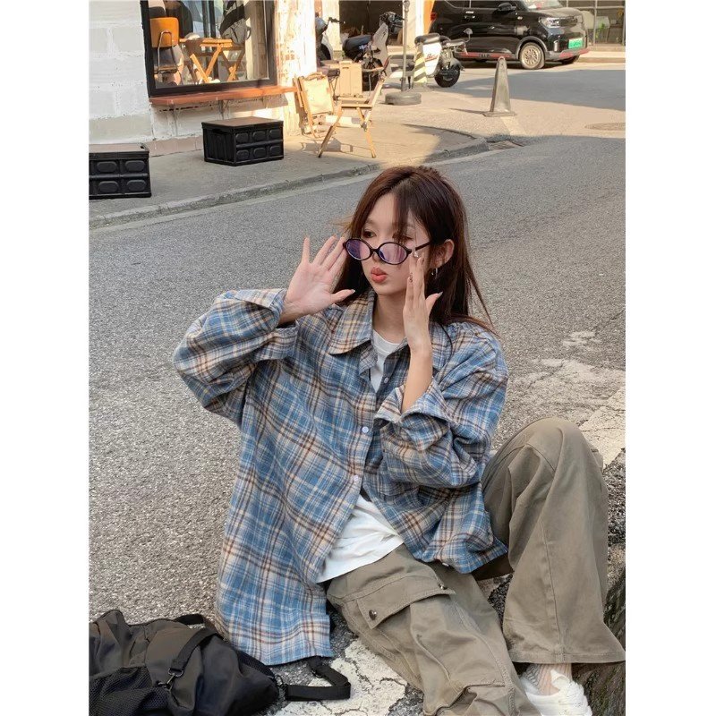 Vapetix S-2XL Grid shirt autumn design loose versatile casual plaids shirt coat ins – Bild 4