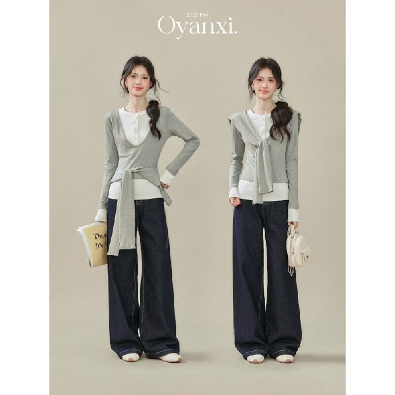 Vapetix S-XL Original Style Sheath Collar Design Slimming Gray Pajama Top Long Sleeve Women's Autumn Top – Bild 2