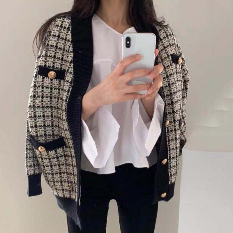 Vapetix Average code-Average code Korean chic versatile simple style contrast color single breasted checked sweater cardigan long sle – Bild 7