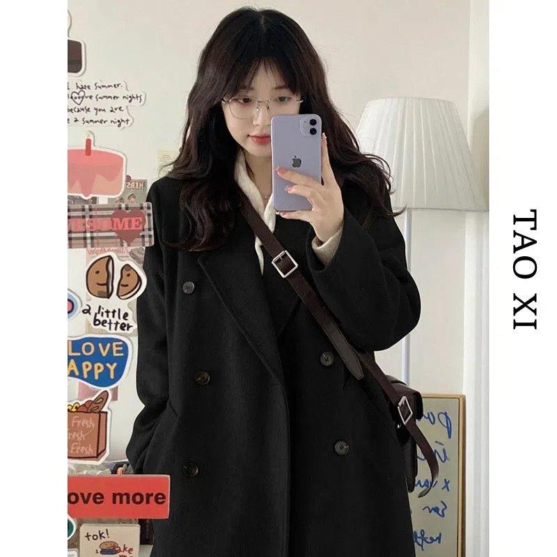 Vapetix S-2XL Black Woolen Coat for Women, Medium-Long Length, 2025 Winter New Student Korean Style Loose and Sli – Bild 3