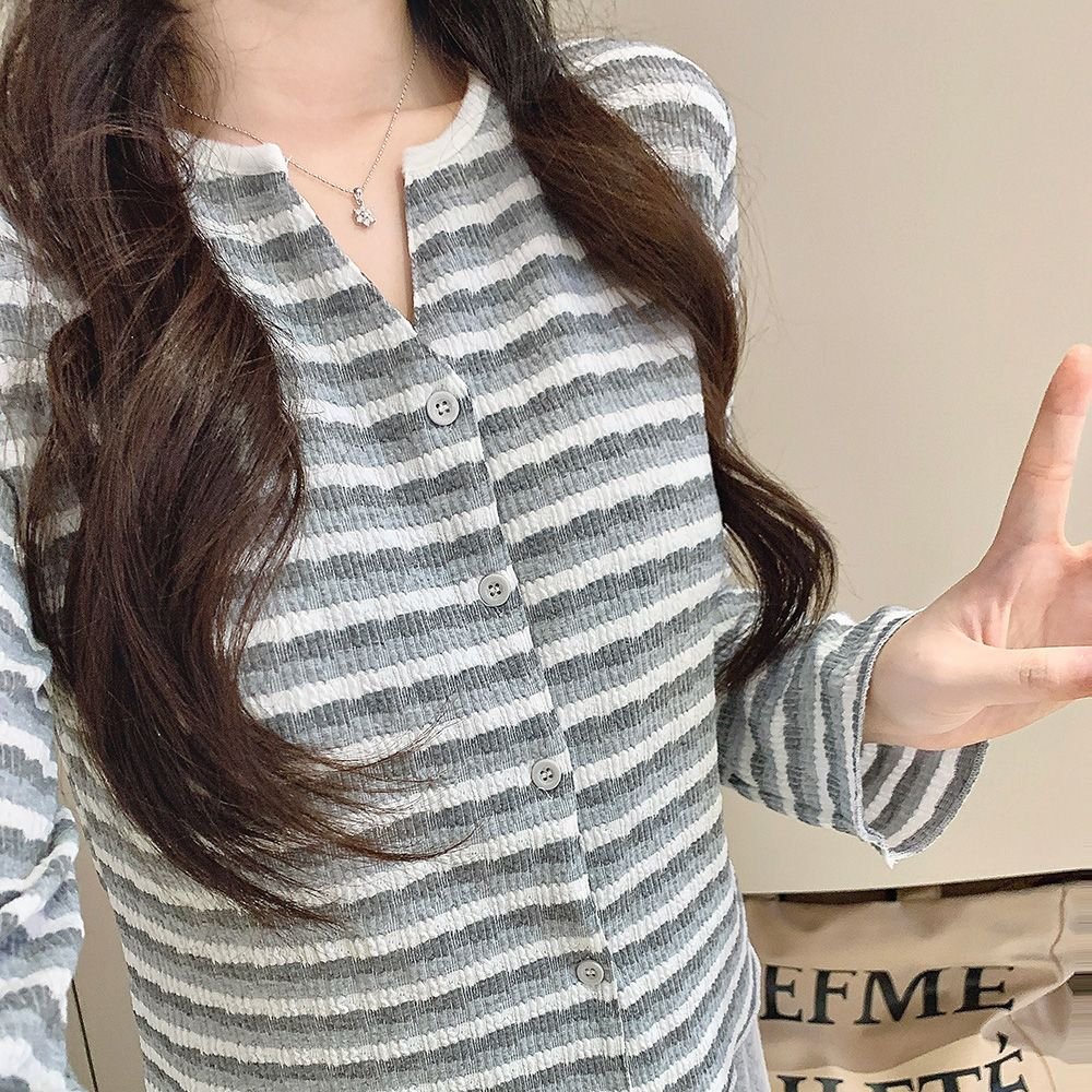 Vapetix M-XXL Cashmere Design Double-Button Pajama Set for Women, Fall/Winter Long-Sleeve Long-Pants Solid Color