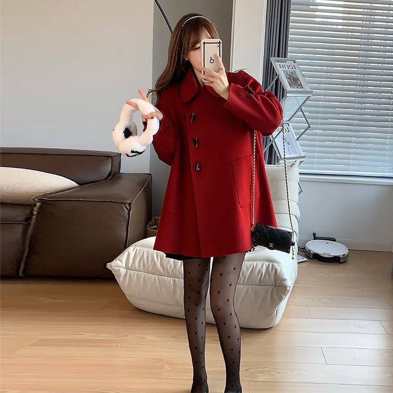 Vapetix S-2XL Women's Red Wool Coat 2025 Autumn/Winter New Korean Style Slimming Shorty Cow Bone Button Wool Coat – Bild 2