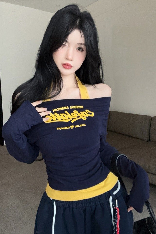 Vapetix Free Size-Free Size ~2025 New Pure Desire Color Block Collared False Two-Piece Letter Print Long-Sleeve T-Shirt Slimmin – Bild 5