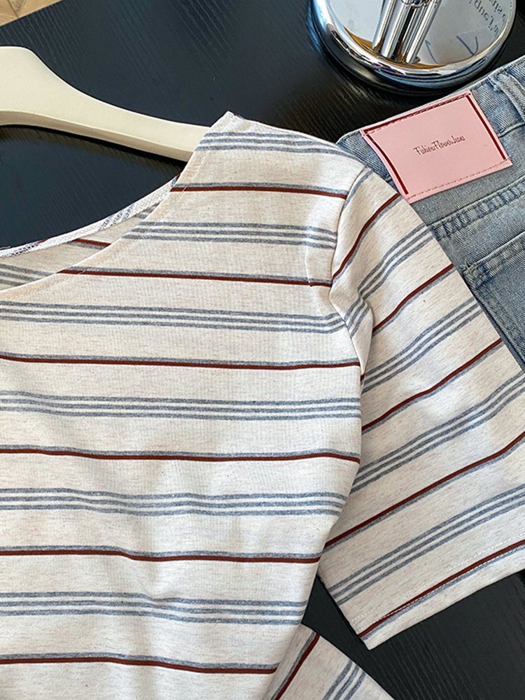 Vapetix S-XL Korean-style fresh and chic distinctive striped off-shoulder women's summer new short-sleeve T-shir – Bild 2