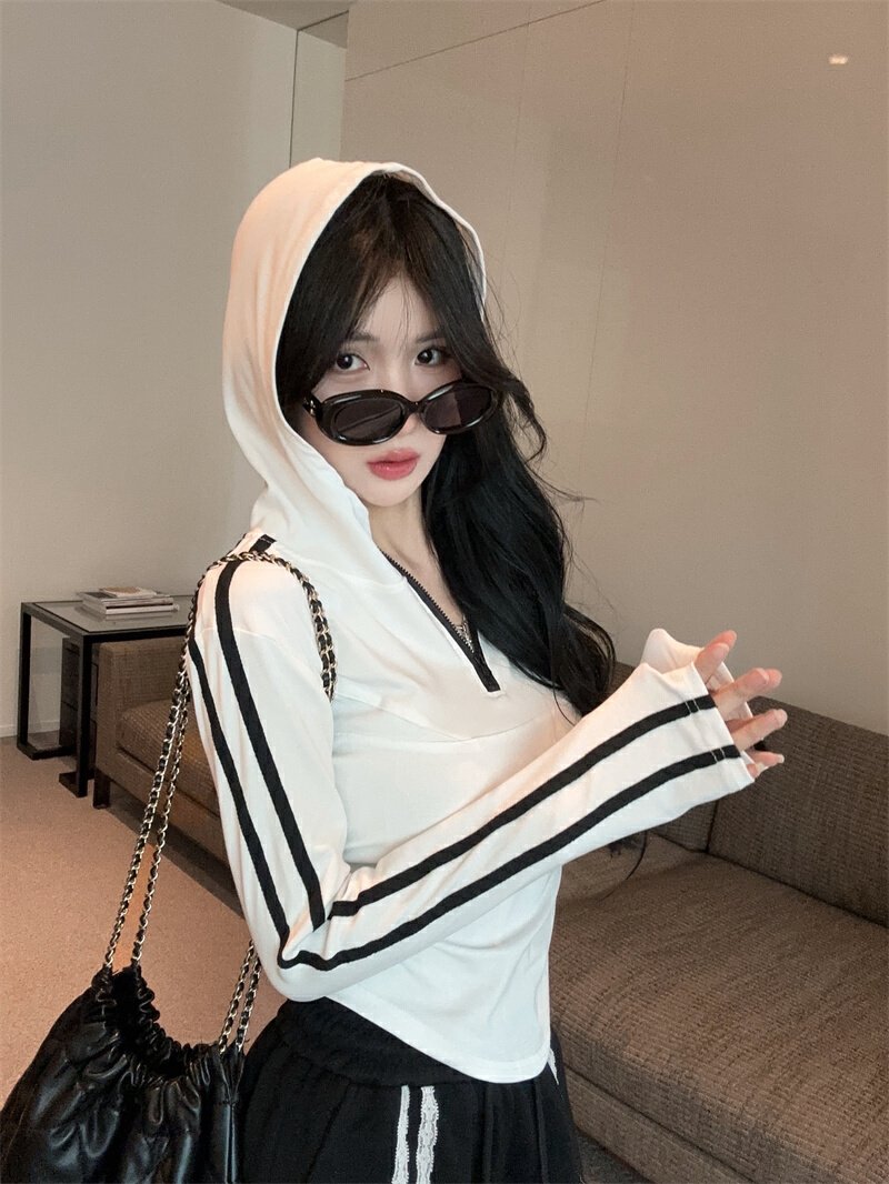 Vapetix Free Size-Free Size Photographed~ 2025 Autumn New Hot Girl Design Sensory Hooded Long Sleeve T-Shirt Women Slim Fit Zip – Bild 7