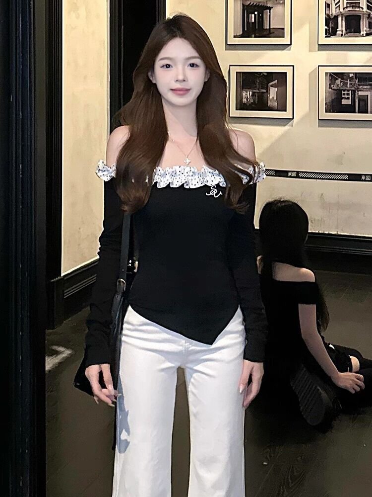 Vapetix S-XL Guangzhou Cotton Blended Freestyle Cut 260g Polka Dot Lace Long Sleeve Women's Halter Top – Bild 4