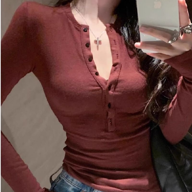 Vapetix S-XL Stylish Grey Half-Open Collar Long-Sleeve Women's T-Shirt for 2025 Autumn, Sexy, Fitted, Slimming, – Bild 6