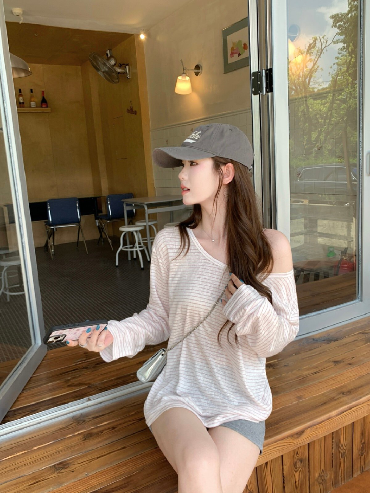 Vapetix S-XL Actual shot~ Gentle lazy off-shoulder striped long-sleeved T-shirt for women, summer loose off-shou – Bild 7