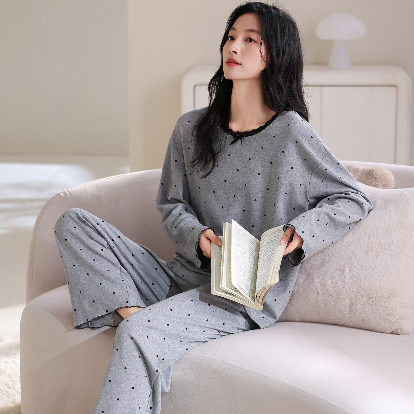 Vapetix M-XXL A set of pure cotton crew neck long sleeve long pants pajamas for women by Qiao Mengran, 2025 autum – Bild 5