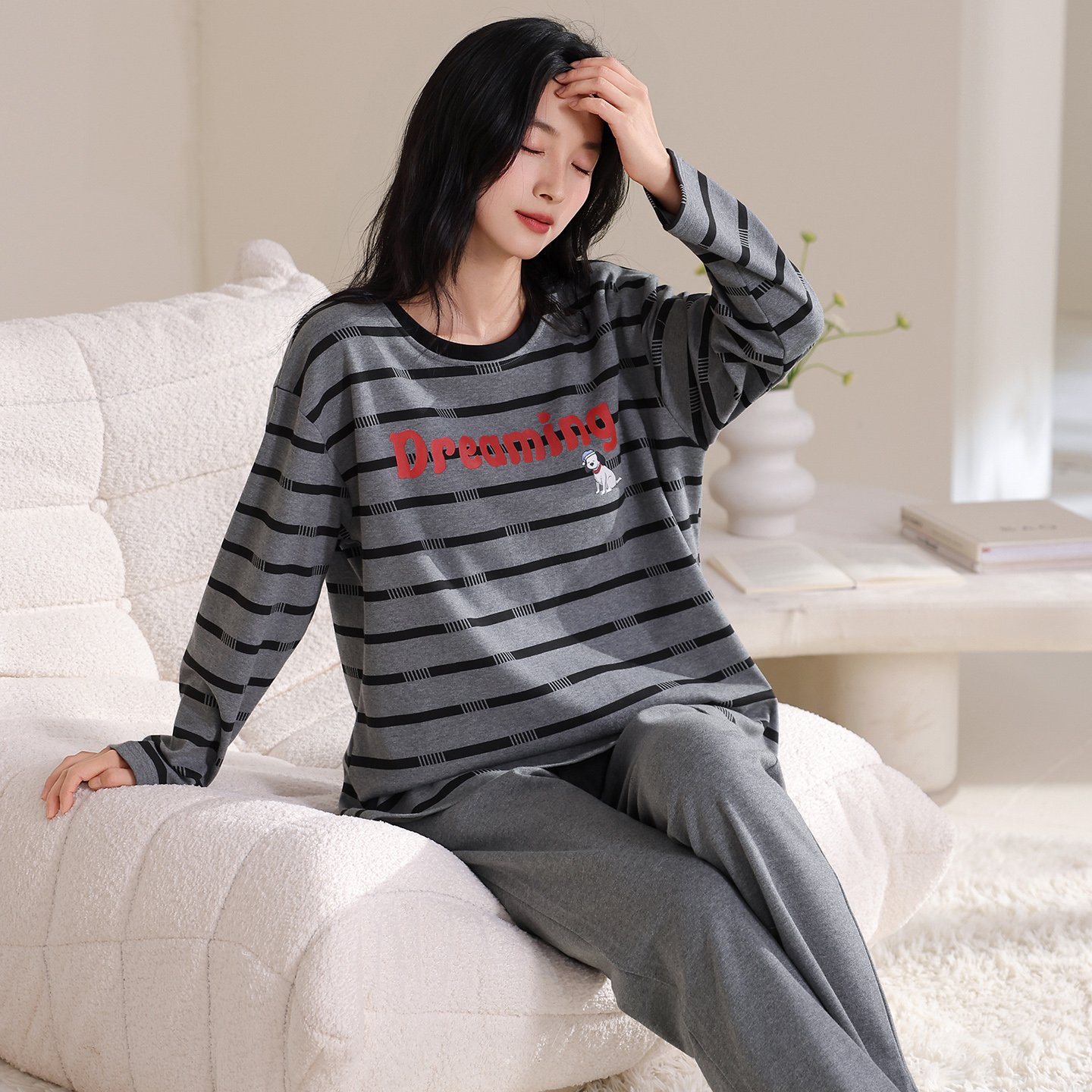 Vapetix M-XXL Qiao Mengran 2025 Autumn Pure Cotton Crew Neck Long Sleeve Pants Pajama Set for Women Casual Comfor – Bild 4