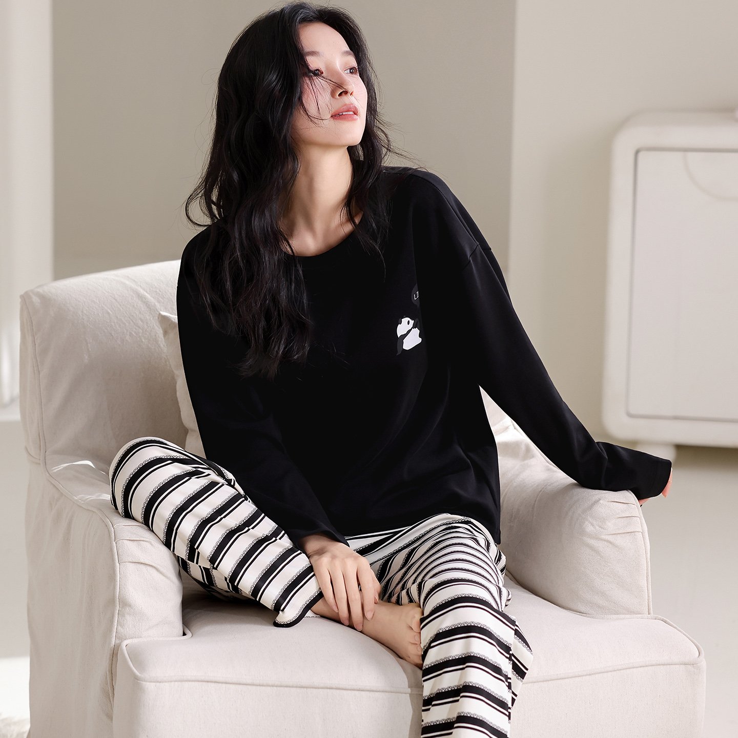 Vapetix M-XXL Women's Pure Cotton Crew Neck Long Sleeve Long Pants Pajama Set - Autumn 2025, Casual Comfortable a – Bild 3