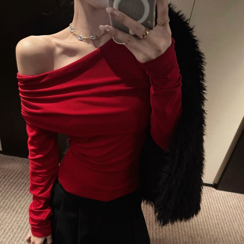 Vapetix S-XL Ankorah Red Slanted Collar Off-the-Shoulder Base Shirt for Women, 2025 Autumn Christmas New Year Ni – Bild 5