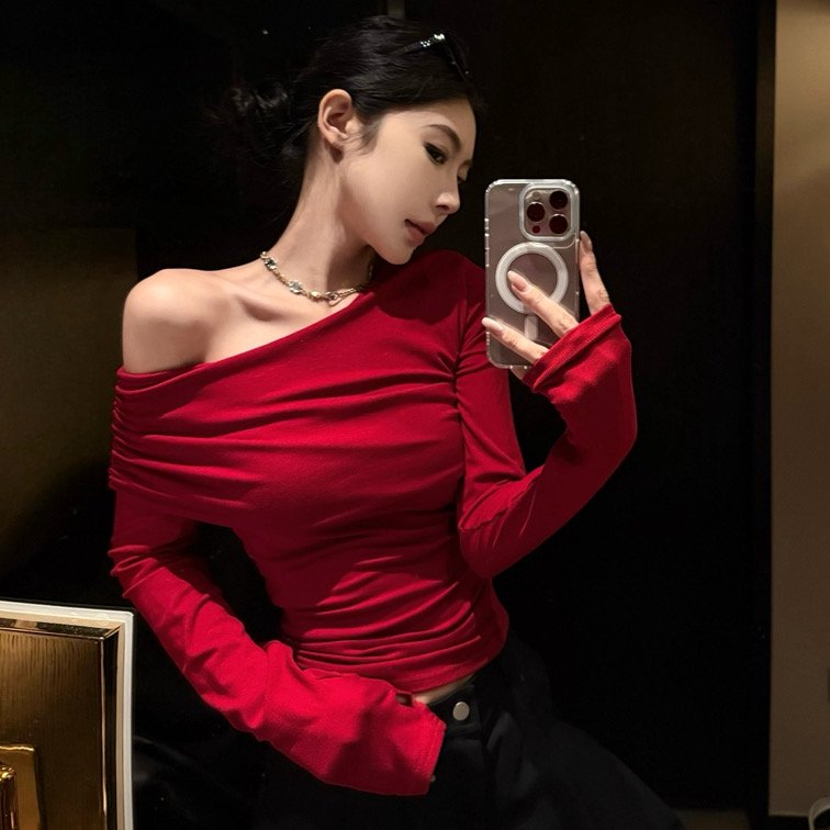 Vapetix S-XL Ankorah Red Slanted Collar Off-the-Shoulder Base Shirt for Women, 2025 Autumn Christmas New Year Ni – Bild 6