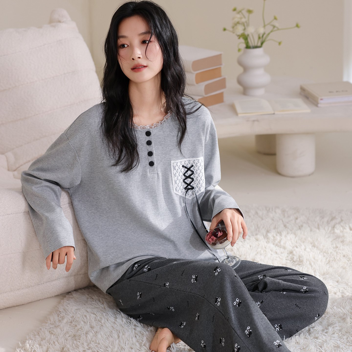 Vapetix M-XXL Women's Set of 2025 Autumn Pure Cotton Crew Neck Long Sleeve Pants Pajamas - Casual, Comfortable, S – Bild 3