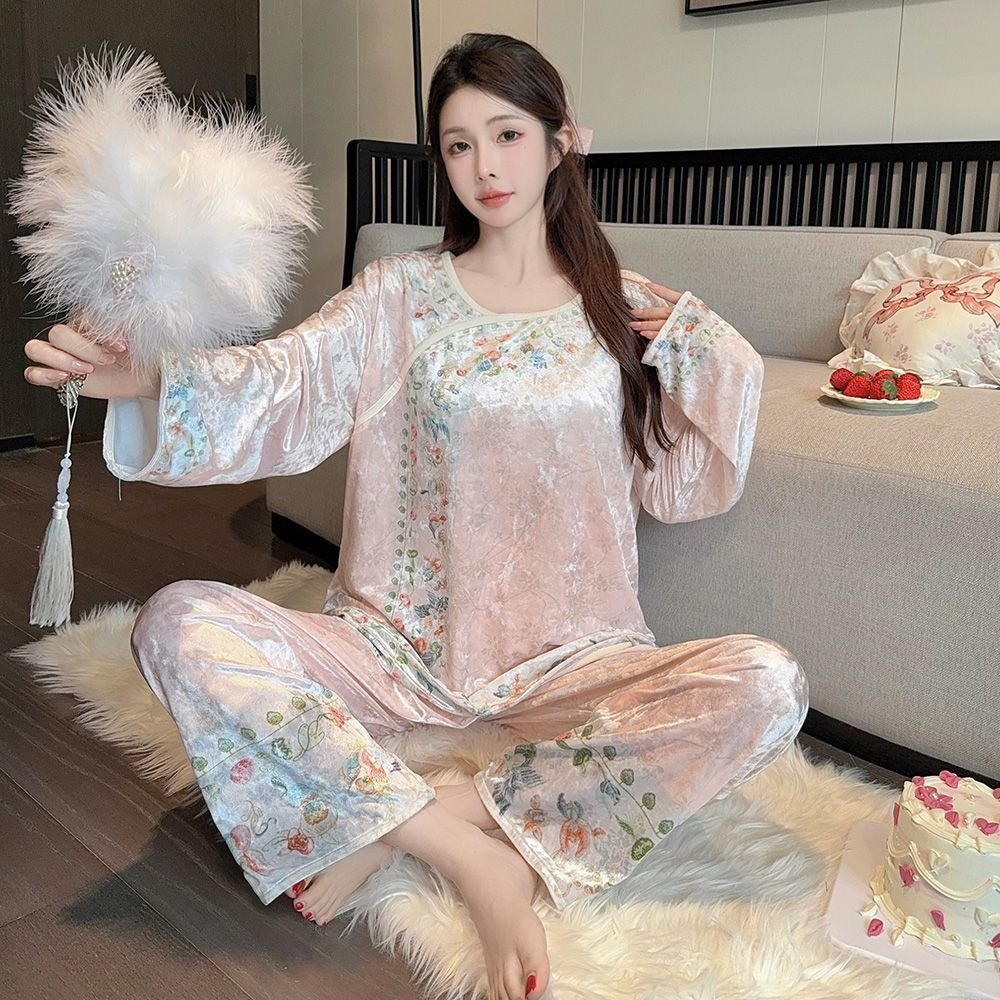 Vapetix M-XXL Modern Chinese Style National Flower Diamond Velvet Women's Autumn/Winter 2025 Sweet Long Pants Out – Bild 3