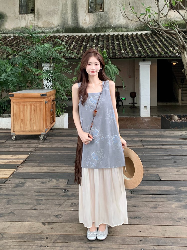 Vapetix S-2XL French satin printed patchwork V-neck dress for women, 2025 summer new retro design, unique long dr - 图片 2