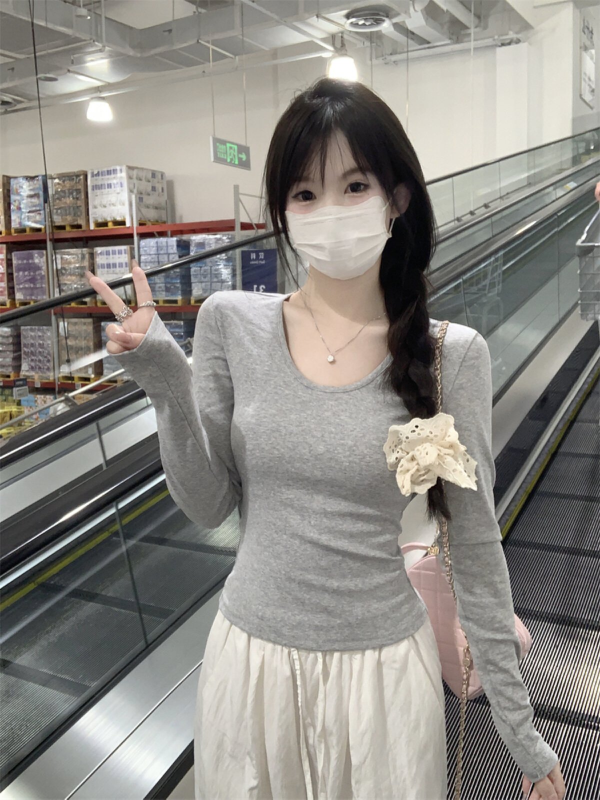 Vapetix S-XL Photographed Autumn Korean Style Fitted Slimming U-Neck Elegant Gentle Long-Sleeved Inner T-shirt B – Bild 4