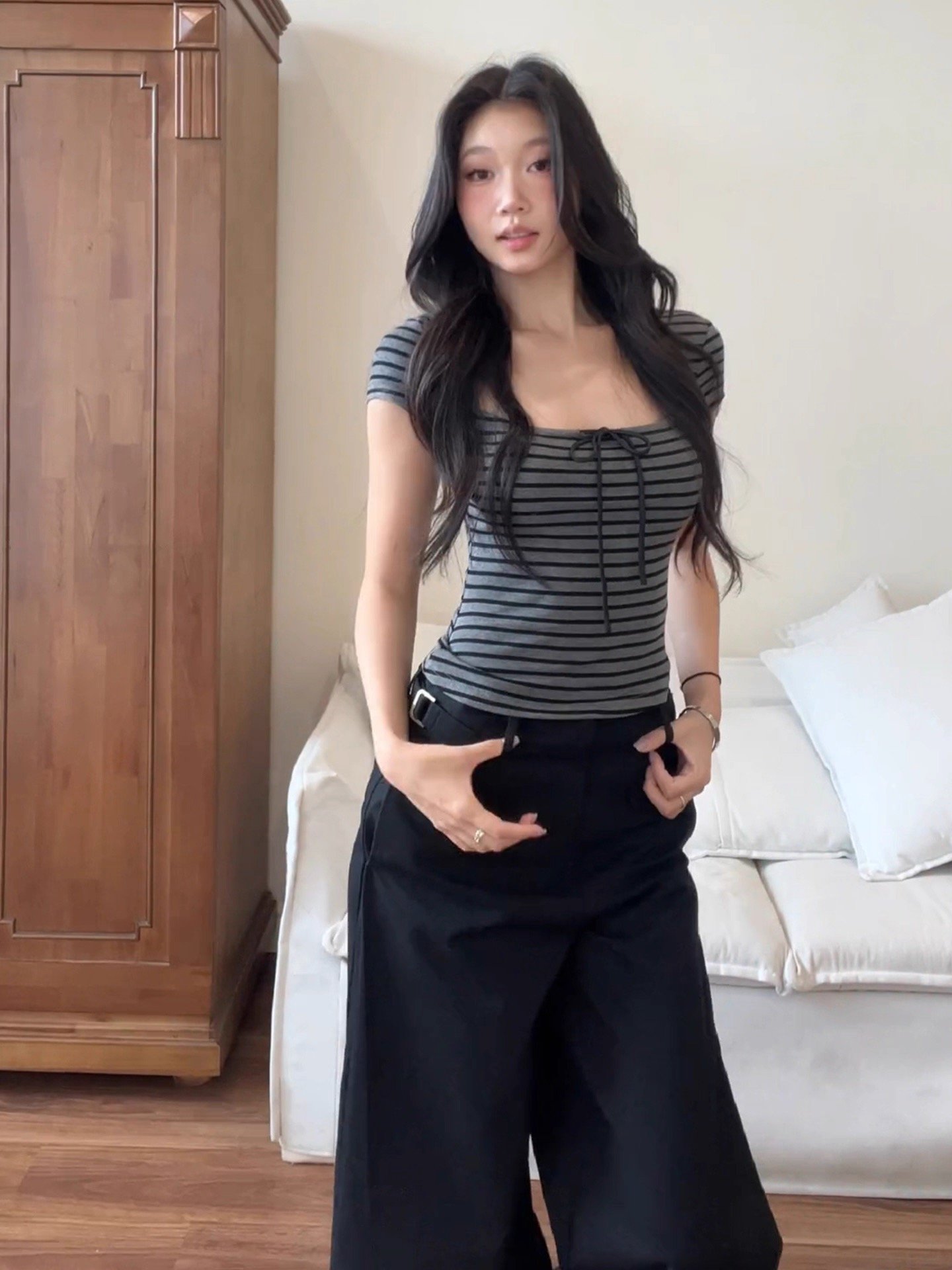 Vapetix S-L Guangzhou Fabric 1x1 Cotton Ribbed Korean Style U-Neck Button Striped Straight Shoulder Short Sleev – Bild 3