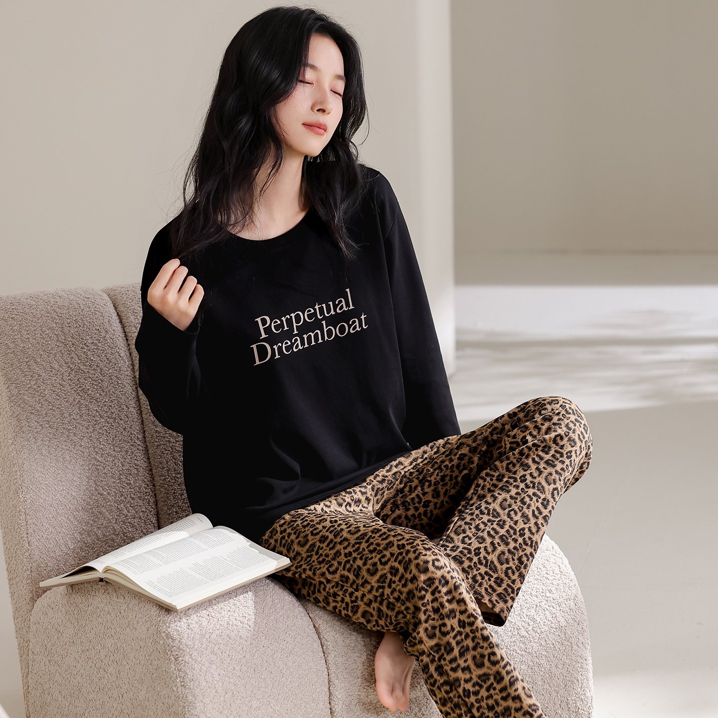 Vapetix M-XXL Qiao Mengran Women's 2025 Autumn Pure Cotton Crew Neck Long Sleeve Long Pants Pajama Set Casual Com – Bild 4