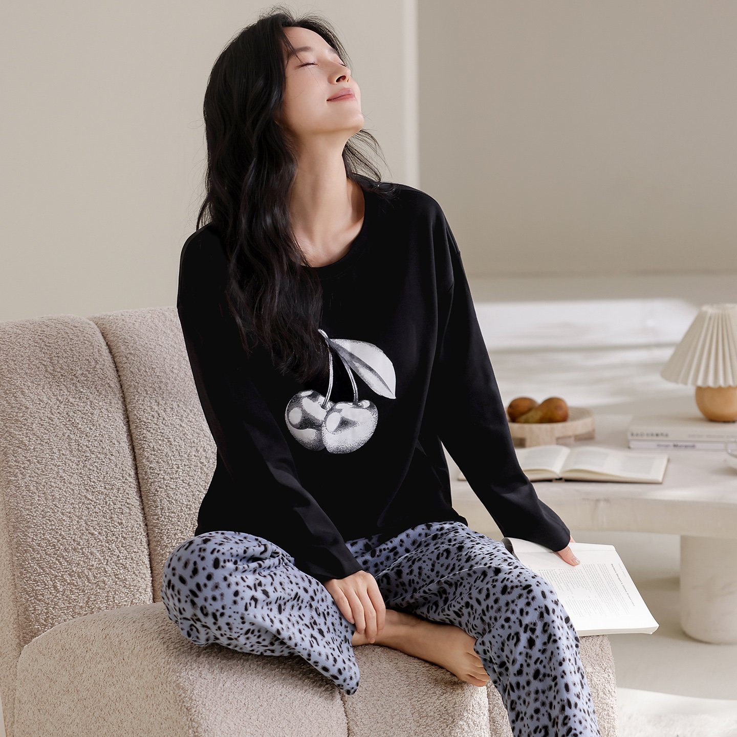 Vapetix M-XXL Qiao Mengran 2025 Autumn Pure Cotton Crew Neck Long Sleeve Long Pants Women's Pajama Set Casual Com – Bild 2