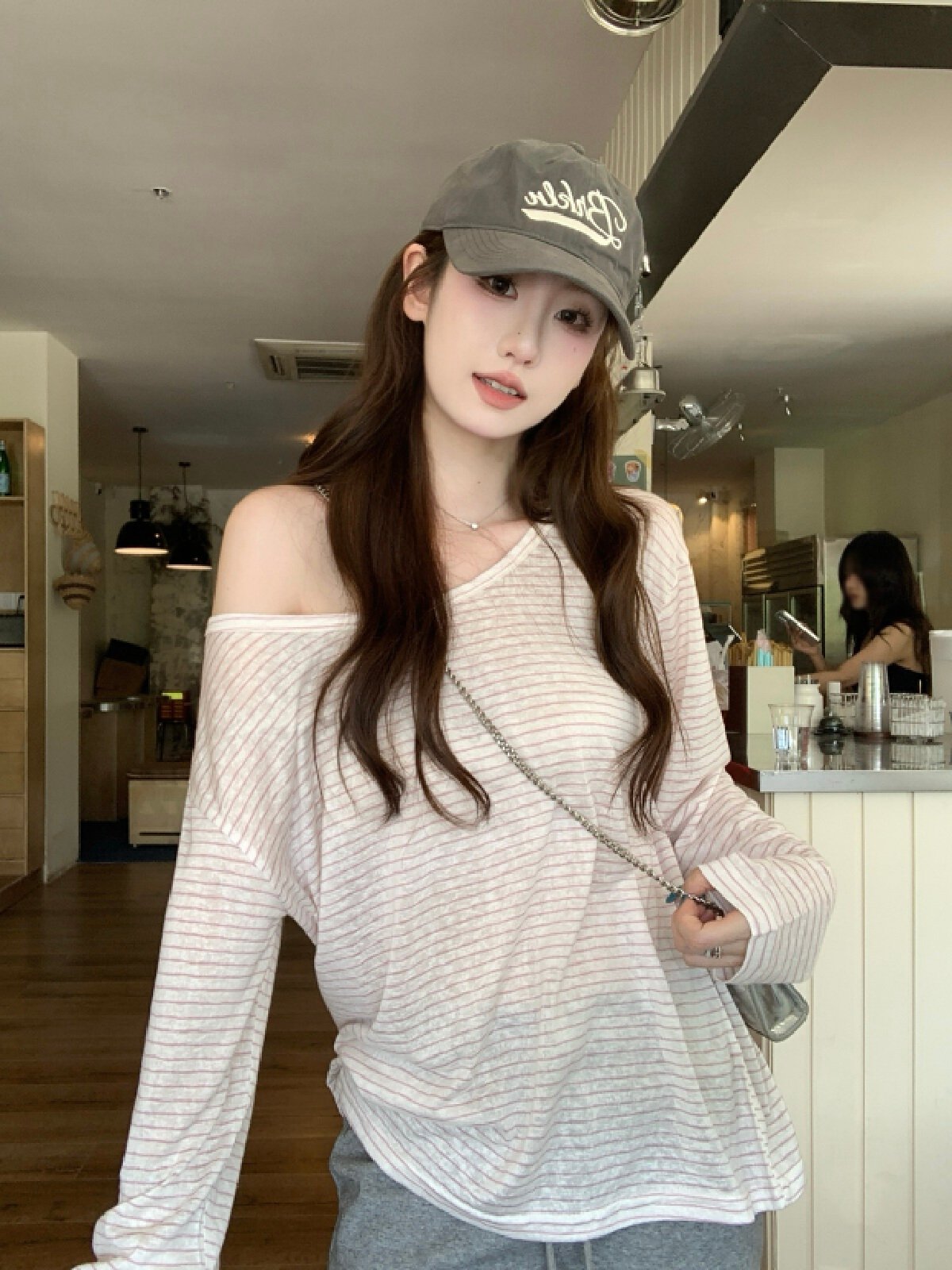 Vapetix S-XL Actual shot~ Gentle lazy off-shoulder striped long-sleeved T-shirt for women, summer loose off-shou – Bild 8