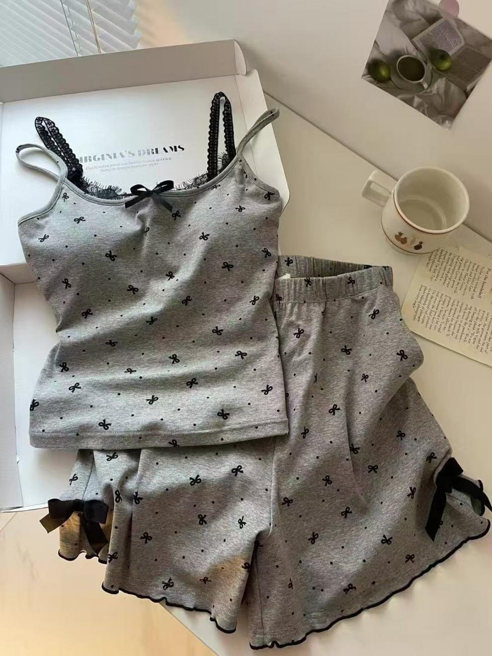 Vapetix M recommends 75-90 pounds-2XL recommended 120-140 Korean-style girl spaghetti strap sleepwear set for summer with design elements, bow lace, lace tri