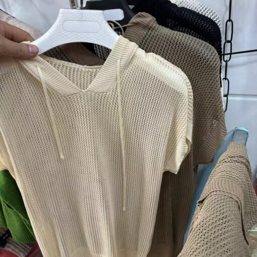Vapetix Free Size-Free Size  High-end Women's Fashion 2024 New Summer Stylish and Elegant Hooded Knit Top with Drawstring, Thin