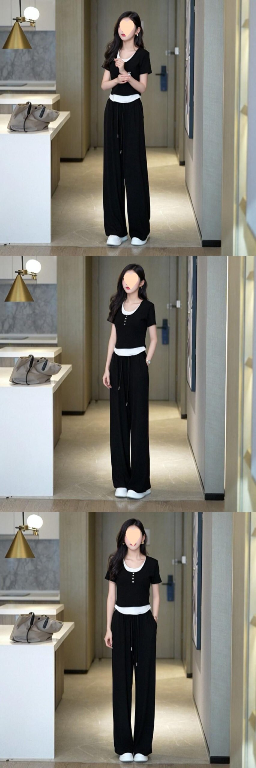 Vapetix M 【Recommended 40-50 kg】-4XL 【Suggested 155-170 lbs】 Summer Women's Sporty Casual Slimming Two-Piece Set with Pseudo Two-Piece Top and Wide Leg Pants Se