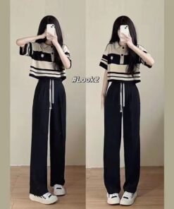Vapetix XS suggests 60-70 pounds-2XL size suggestions: 115-135 lbs Summer Salt-style Outfit Set for Women - New Korean Version Loose T-shirt and Ins Wide-leg Pants Tw