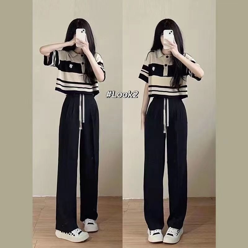 Vapetix XS suggests 60-70 pounds-2XL size suggestions: 115-135 lbs Summer Salt-style Outfit Set for Women - New Korean Version Loose T-shirt and Ins Wide-leg Pants Tw