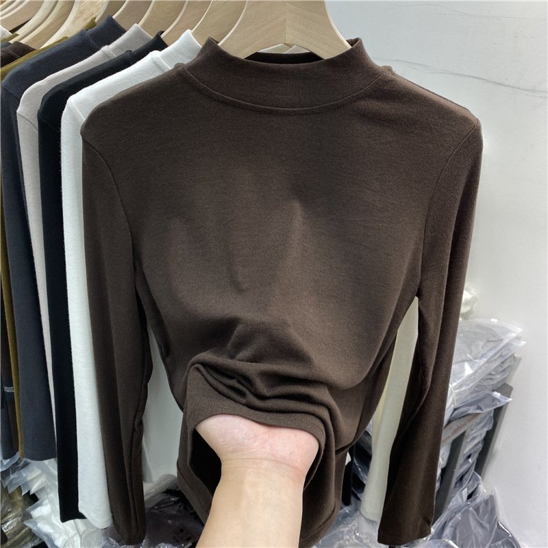 Vapetix S (80~95 lbs)-XXL (130~145 pounds) Matted Velvety Ribbed Collar Basic Long-Sleeve Cotton T-Shirt for Women 2025 Autumn/Winter Semi-Hig