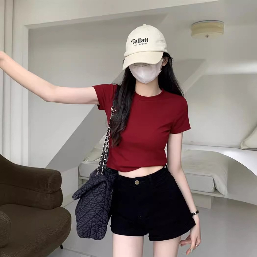 Vapetix M-XXL Women's Short Sleeve Red T-Shirt, Summer New Pure Color Tight Fitting Spaghetti Strap Top for Petit