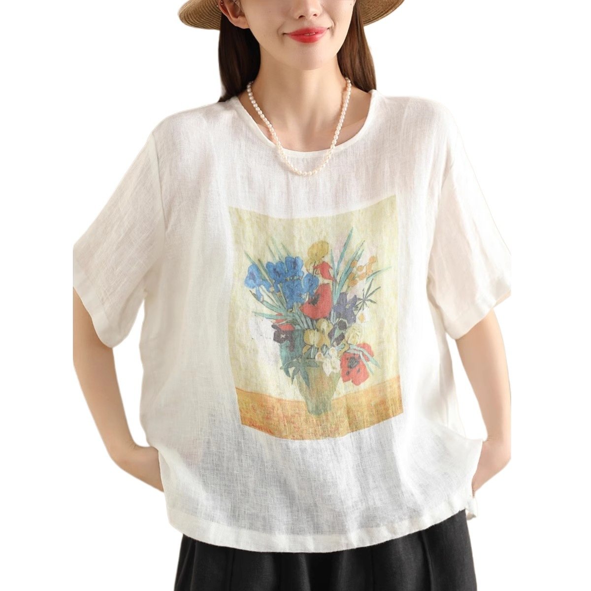 Vapetix M-3XL #603 2025 Summer Printed Cotton-Linen Blouse Women's Round Neck Short Sleeve Top in Linen Brown, Ca