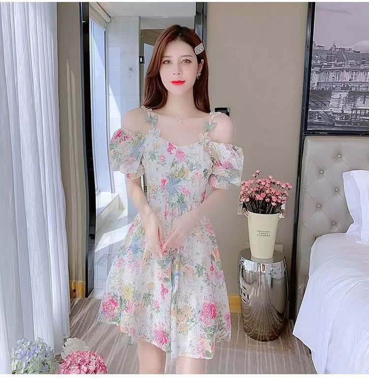 Vapetix M-4XL Please check the actual item before placing an order. #Floral Dress with Puffed Sleeve, Off-the-Sho